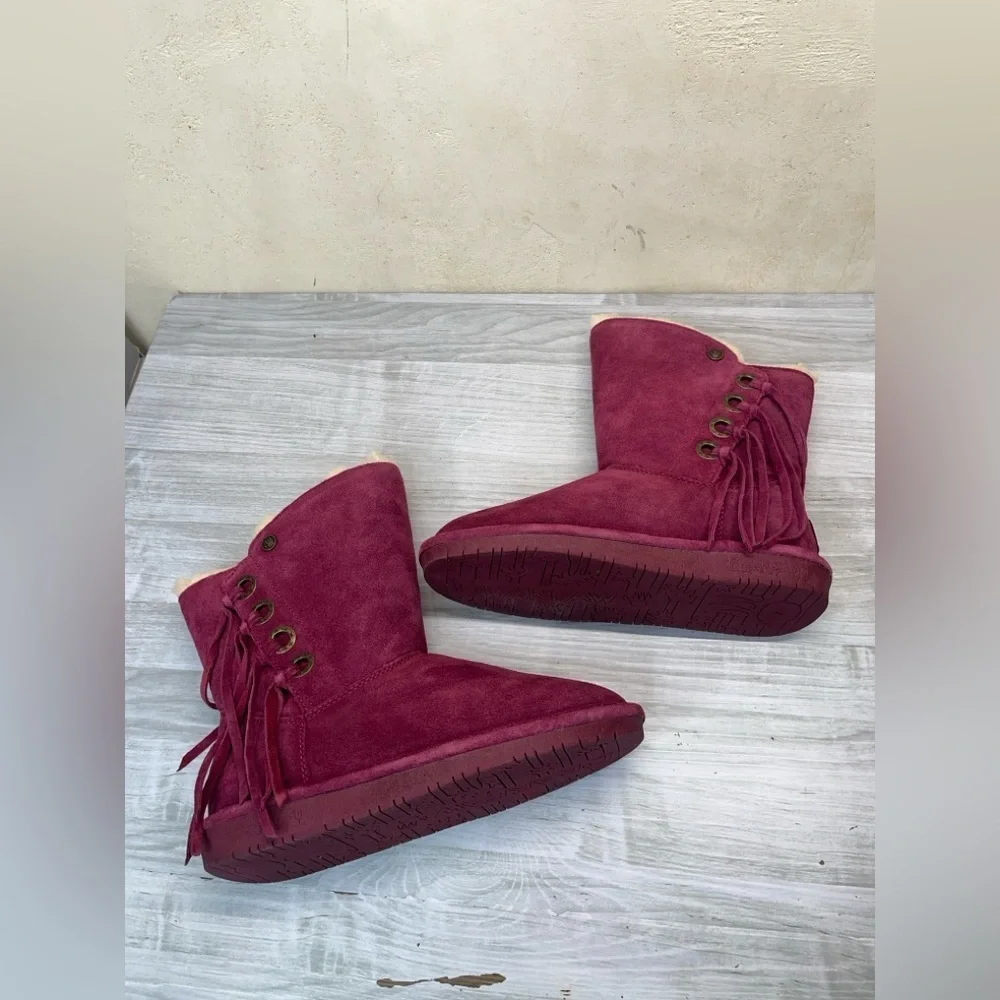 Bearpaw Arya Burgundy Maroon Suede Wool Blend Lining Fringe Winter Boots Size 7